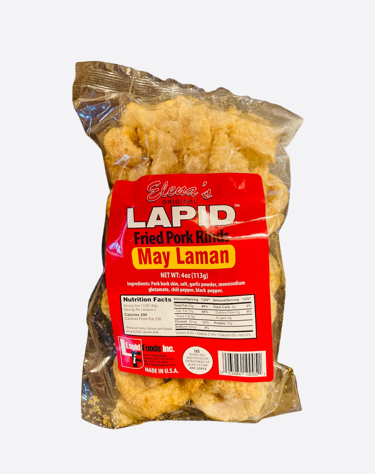 Elena's Lapid Fried Pork Rinds Chicharon May Laman 4oz