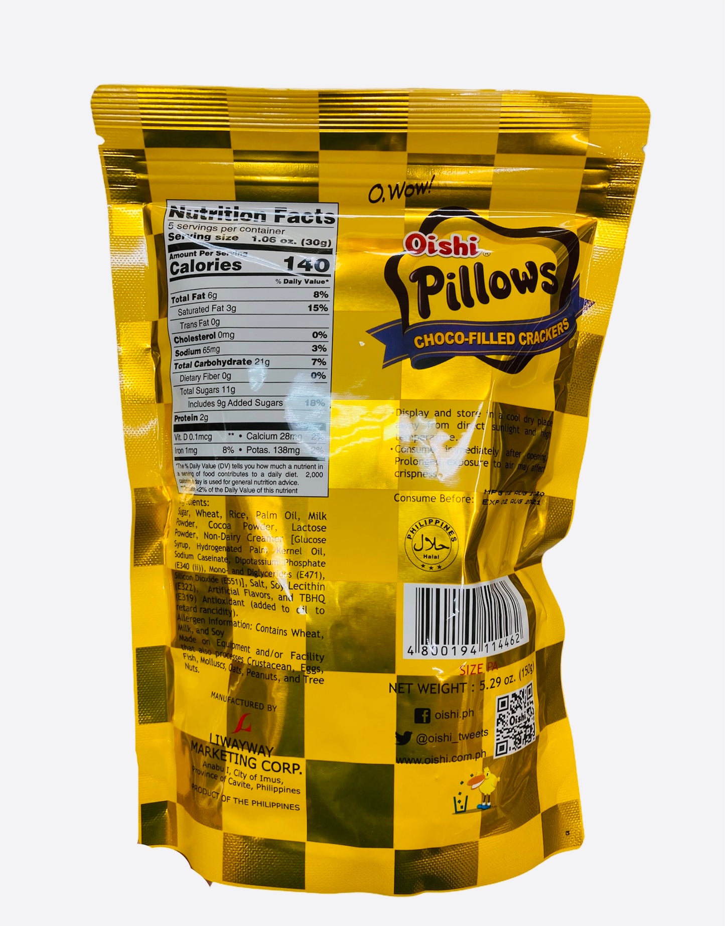 Oishi Pillows Choco-Filled Crackers 150g