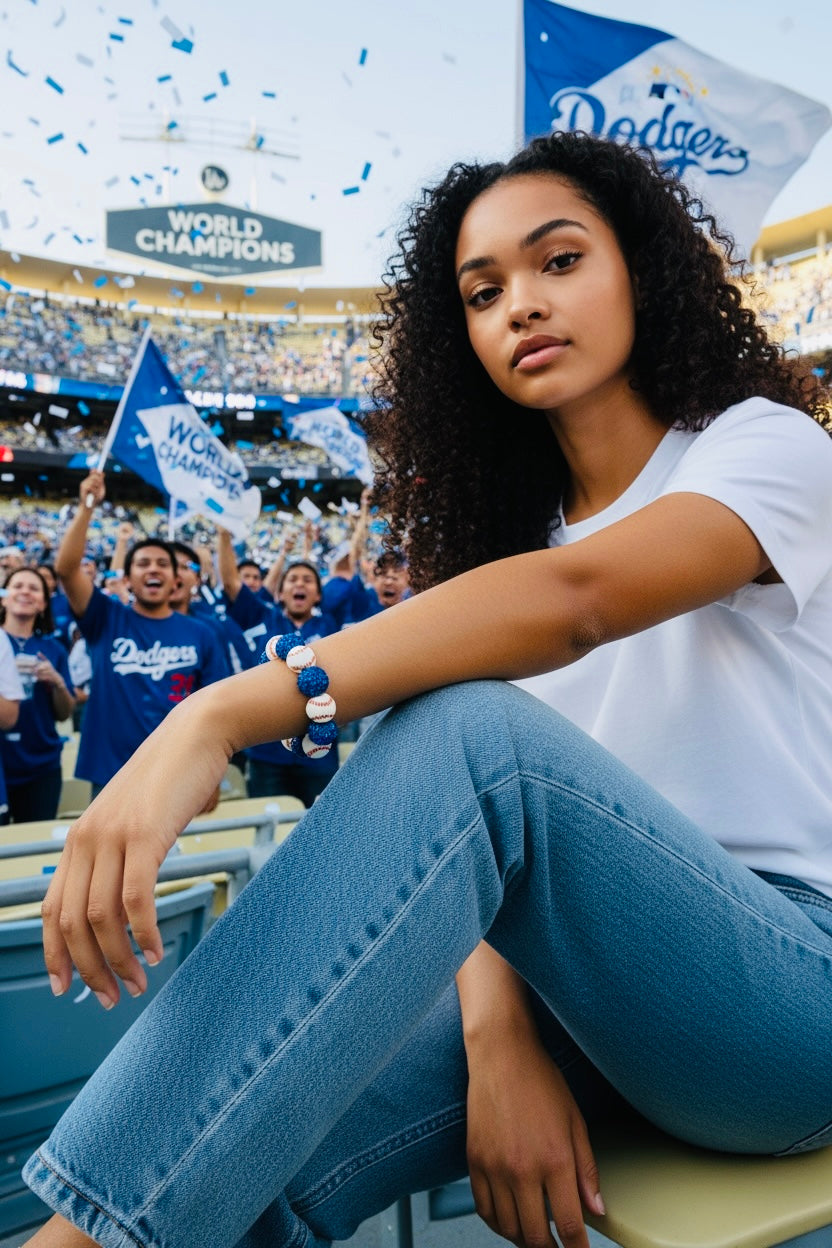 LA DODGERS Rhinestone Clay Ball Bead Charms Silver Stretch Bracelets 💙⚾️💙