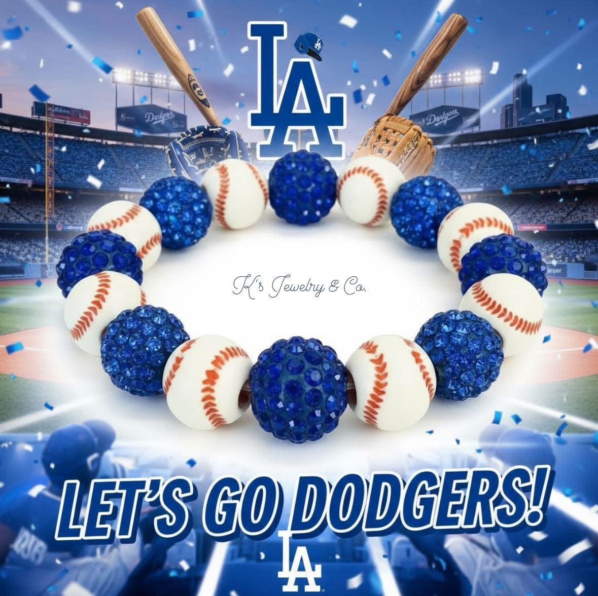 LA DODGERS Rhinestone Clay Ball Bead Charms Silver Stretch Bracelets 💙⚾️💙