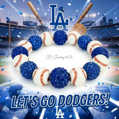 LA DODGERS Rhinestone Clay Ball Bead Charms Silver Stretch Bracelets 💙⚾️💙