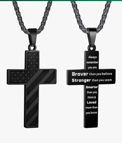 Chain w/ Cross engraved “Brave / Stronger”