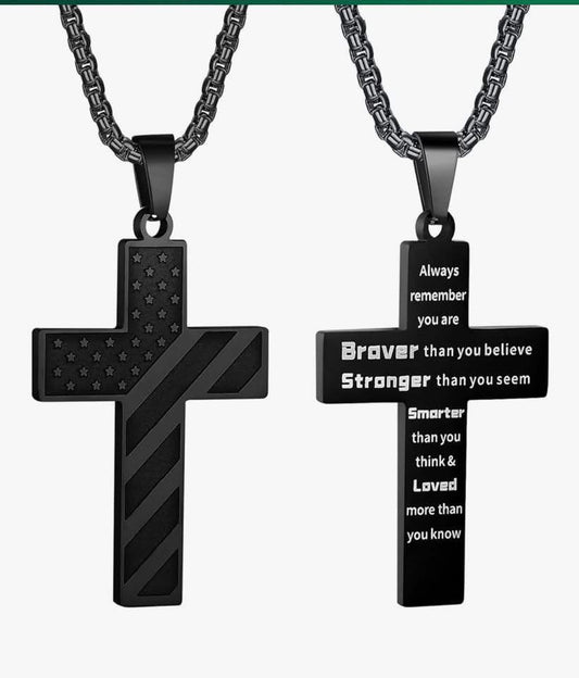 Chain w/ Cross engraved “Brave / Stronger”