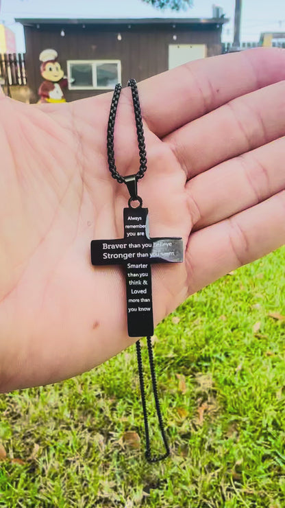 Chain w/ Cross engraved “Brave / Stronger”